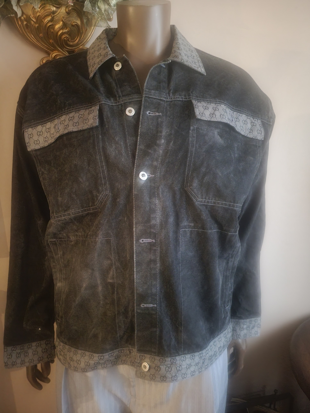 GODBODY Black Distressed Denim Jacket with Monogram Trim